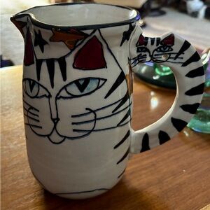 Whimsical Cat Ceramic Pitcher signed by Artist Cindy Jenkins